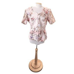 Vintage 80s floral Brocade Shoulder Pads  Short Sleeve Pearl Button Blouse 12